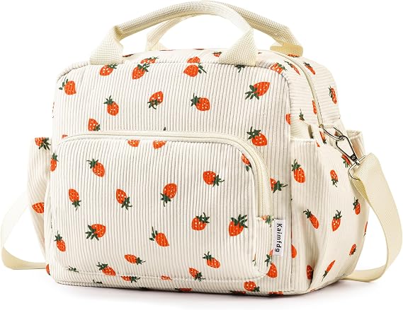 Insulated Lunch Bag for Women Adults Men Large Reusable Lunch Box,Cute Corduroy Lunch Tote Bags Leakproof Portable Cooler Tote Bags Adjustable Shoulder Strap for Work Travel Picnic (Strawberry)