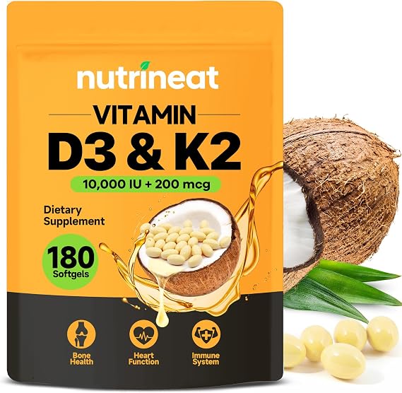 Vitamin D3 K2 Supplement (180 Softgels), 10,000 IU D3 + 200mcg MK7, D3 and K2 Supplements with Coconut Oil, Daily Nutritional Support