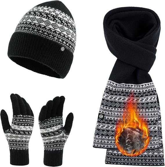 Womens Winter Beanie Hat Scarf Gloves Set, Touchscreen Gloves Long Scarf Thick Warm Knit Skull Caps Winter Gift for Women Men