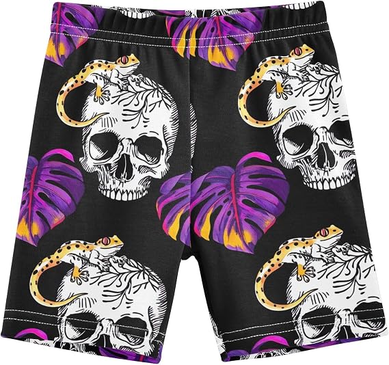 Tropical Purple Leaves Skulls Black Bike Shorts for Girls Cartwheel Shorts Breathable Under Dress Biker Short
