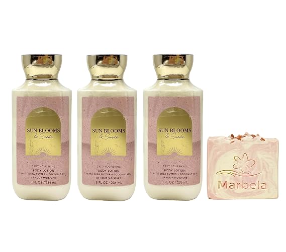 Bath & Body Works Sun Blooms & Suede 3 Pack Daily Nourishing Body Lotion Bundle with a Himalayan Salts Springs Bar Soap - Full Size