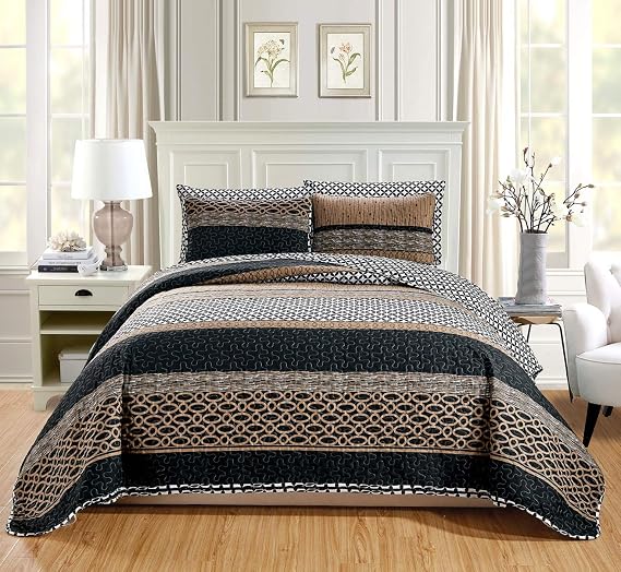 Grand Linen 3-Piece Fine Printed Oversize (100" X 95") Quilt Set All-Season Reversible Bedspread Coverlet Queen Size Bed Cover (Black, Brown, Taupe, Beige Lattice)