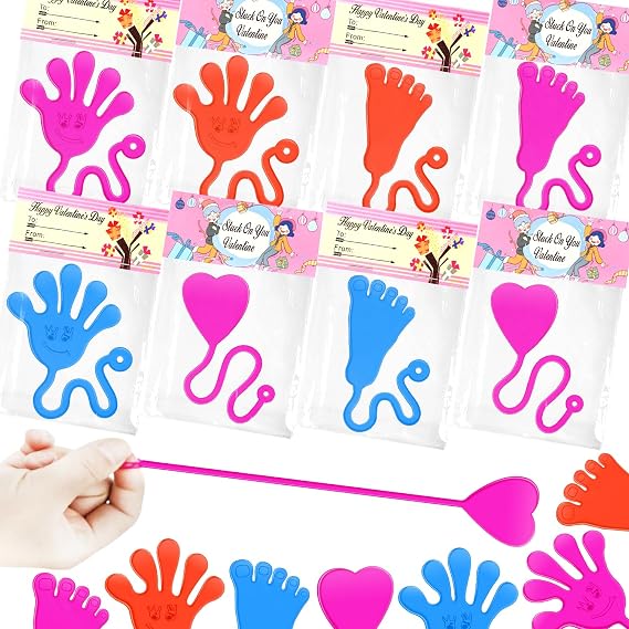 Leetous Holiday Gifts Cards for Kids Classroom, 28-Pack Sticky Hands Feet Hearts Toys with Class Exchange Cards, Non Candy Treats Goodies Prizes School Party Favors for Toddlers Boys Girls