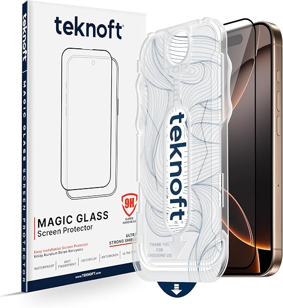Easy Installation Kit for Teknoft iPhone 16 Pro Max Smooth Laser Cut Premium Screen Protector Unbreakable Glass That Provides Extra Reinforced Full Protection That Never Leaves Dust Under the Glass When Installing