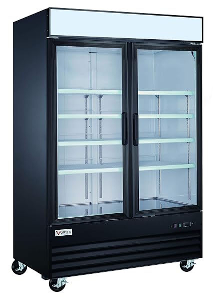Commercial Grade Merchandiser Refrigerator | Black Coated Steel Cabinet | 2 Glass Doors | Fog Resistant Glass | 45 Cu. Ft. | 8 Adjustable Shelves | 53.2" x 31.9" x 82.625 | R-290 Natural Refrigerant