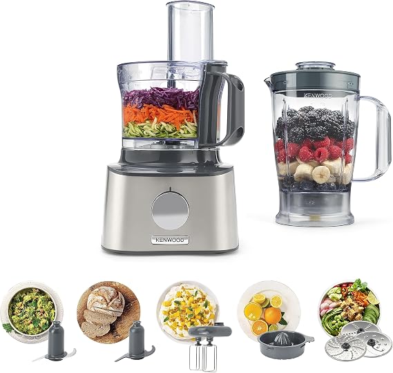 Kenwood FDM301SS Multipro Compact Food Processor Powerful Kitchen Gadget with 2.1L Container Acrylic Mixer Double Whisk Metal Housing