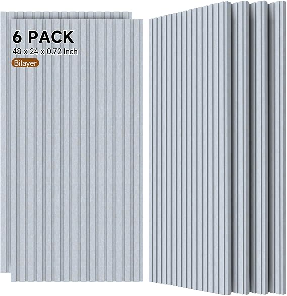 6 Pack Bilayer Acoustic Panels, 48 x 24 x 0.72 Sound Proof Wall Panels,Sound Absorbing Acoustic Wall Panels for Echo Absorption, Soundproof Tiles,Sound Dampening Panels,Light Camel