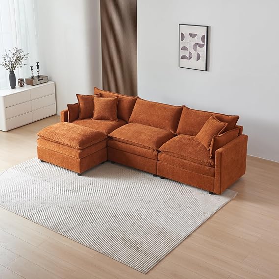 108'' L Shaped Modular Sectional Couch Set - L Shape Modern Convertible Sofa Couch with Reversible Chaise, Ottoman and Pillows for Living Room