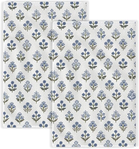 Blue Sage Green Block Print Spring Floral Kitchen Towels Vintage Flower Dish Towels, 16x24 Inch Farmhouse Summer Holiday Decoration Absorbent Hand Towels for Kitchen Drying Decor Set of 2