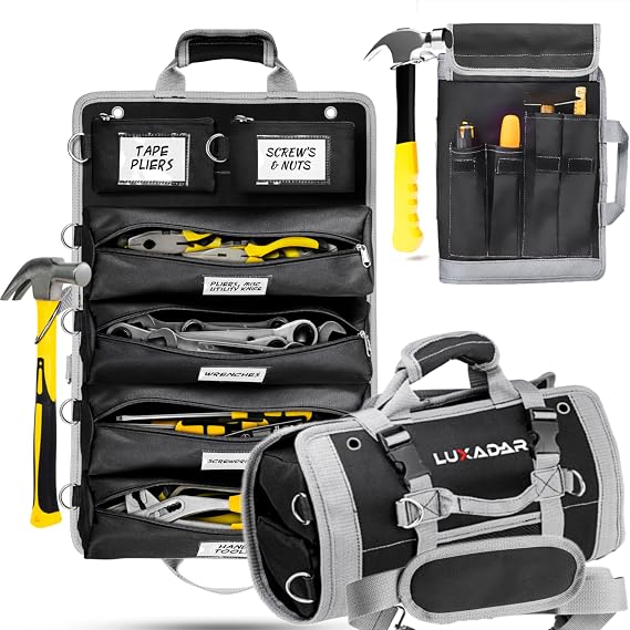 Updated Tool Roll Up Tool Bag Organizer, Name Tags, Advansed Features, Heavy Duty Tool Roll Bag Organizer, Mens Gifts For Him Motorcycle Mechanic & Electrician LUXADAR (6 Detachable Pouches)