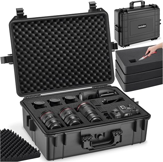 tectake Case for 35 Liter Camera | with 4 Protective Foam Mats | Black, Organizer Case with Pressure Valve, Outdoor Waterproof Box - 22 x 42 x 21 cm