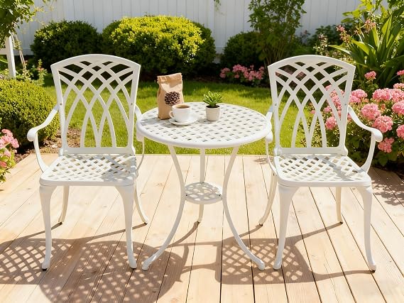 3 Piece Patio Bistro Set, Outdoor Cast Aluminum Bistro Table and Chairs Set of 2 with Umbrella Hole, All Weather Resistance Metal Bistro Table for Front Porch Set,White