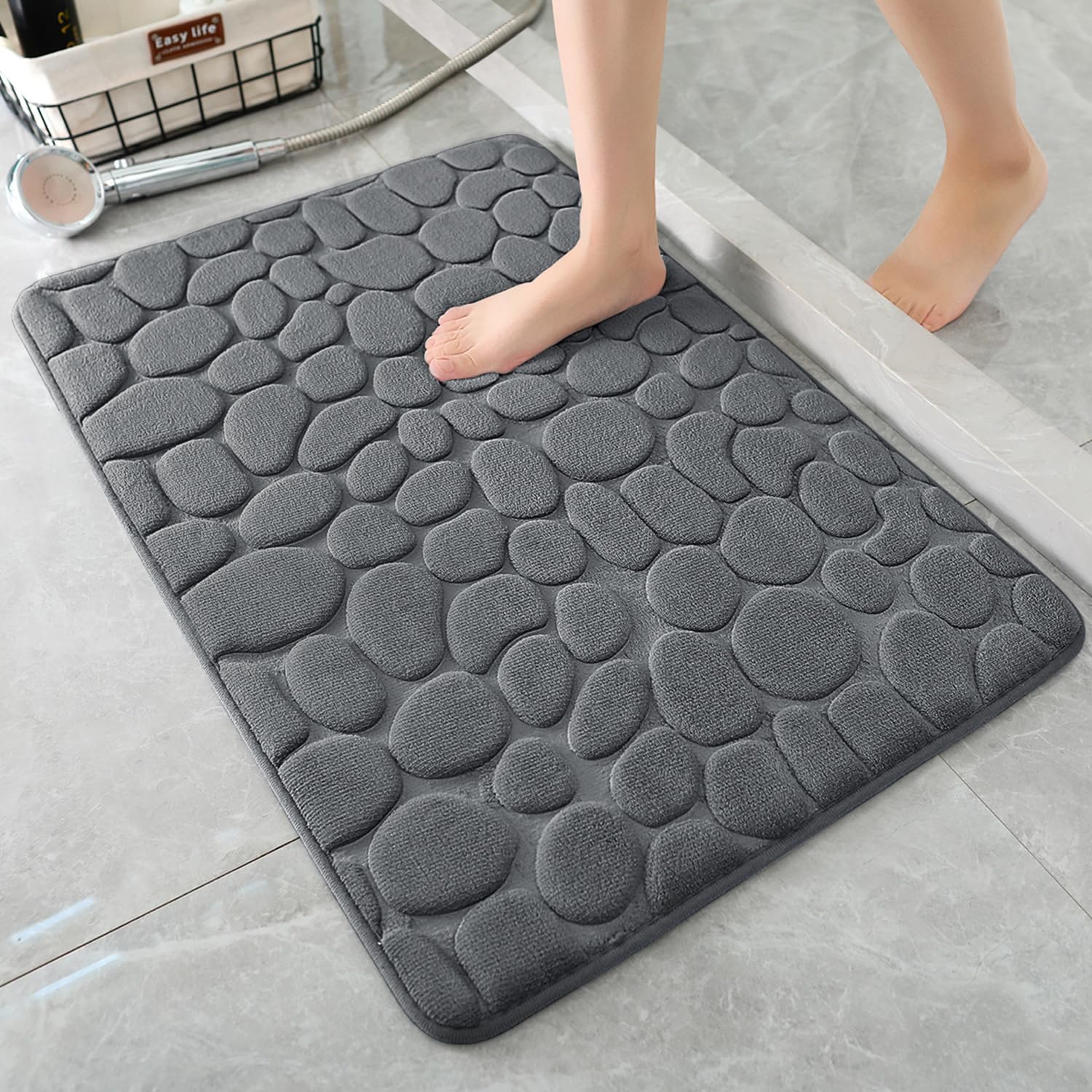 YIHOUSE Bathroom Mat Rug, Memory Foam Bath Mat, Non-Slip Bathroom Floor Mats, Cobblestone Bath Mats Absorbent Bath Rugs Washable Quick Dry (17x24,Black)