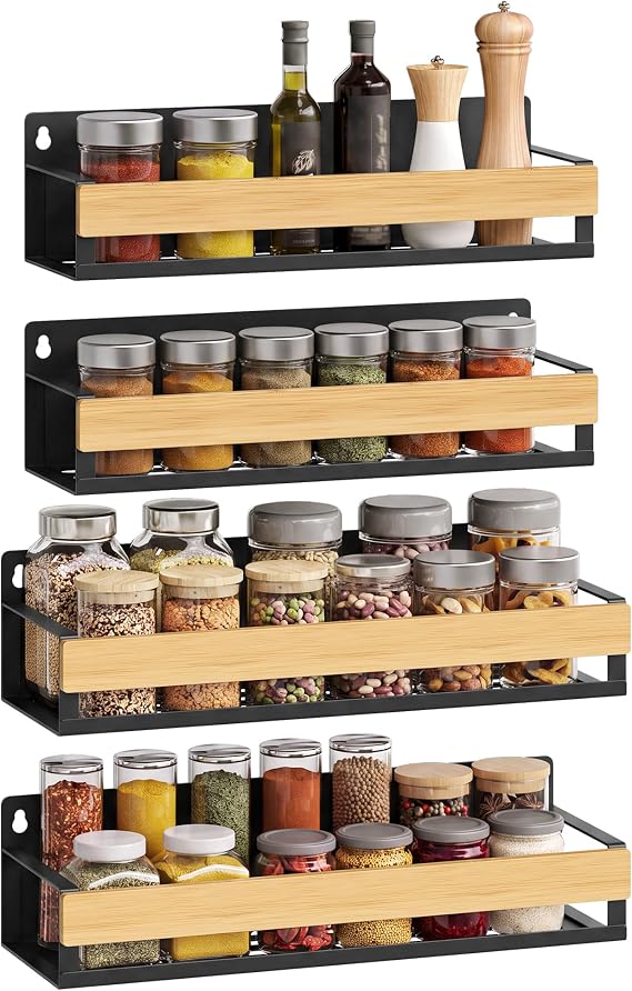 SONGMICS Spice Rack, Set of 4 Wall Mounted Shelves, Steel and Bamboo