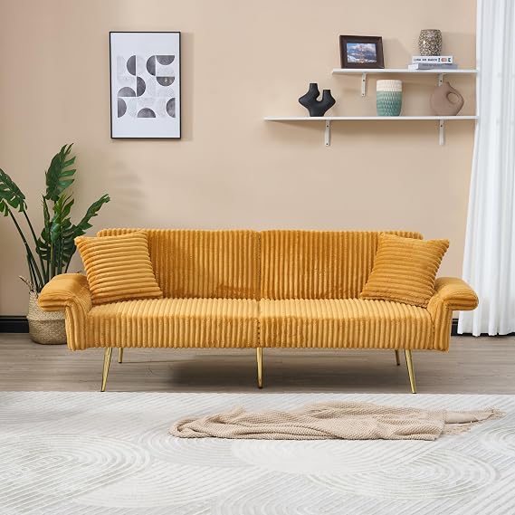 Yellow 79" Convertible Futon Sofa Bed with Adjustable Backrest & Armrests, Modern Corduroy Folding Loveseat Sleeper Couches with Two Soft Pillows for Living Room Apartment Office (Yellow)