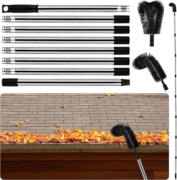 10.5FT Gutter Cleaning Tools from the Ground, Adjustable Long Handle Gutter Cleaner Include 8 Stainless Steel Telescoping Poles & 2 Gutter Cleaning Brush Easily Remove Leaves and Debris from Gutters