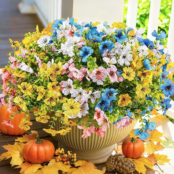 12 Bundles Outdoor Artificial Flowers for Home Decoration,Mixed Realistic Plastic Fake Plants Flowers for Porch Patio Balcony Planter Yard(4 Color)