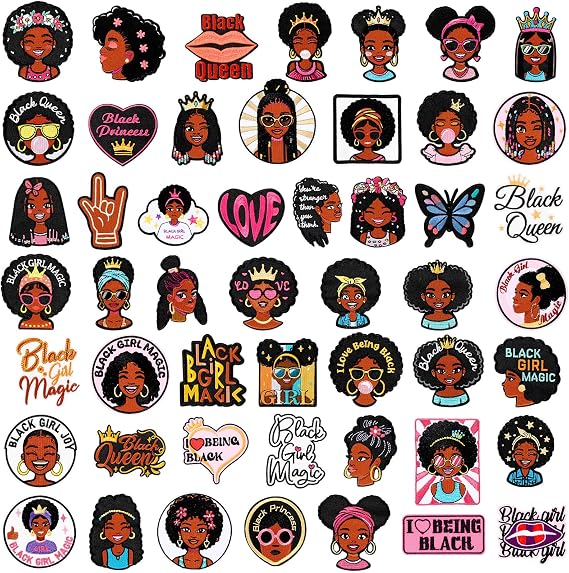 Wavwavw 50 Pcs Black Girl Magic Iron on Patches Afro Girl Embroidered Applique Patches Set Cool Custom Queen Repair Sew on Patch for Clothes Hats Jeans Jackets Backpacks Dress DIY Craft Gift Bulk