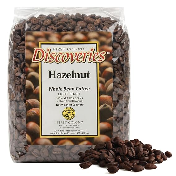 First Colony Hazelnut Whole Bean Coffee, Light Roast, 100% Arabica Beans, 24oz Bag, Rich Hazelnut Flavor with Mild Sweetness for Home Brewers & Cafes, Hand-Roasted in the USA Since 1902
