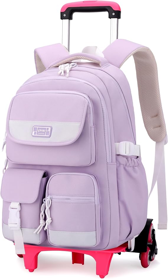MITOWERMI Rolling Backpack for Girls, Backpack with Wheels for Girls, Kids Roller Trolley Bags Wheeled School Bookbag Purple-6 wheels