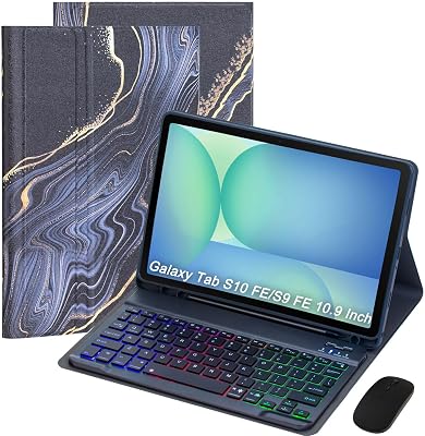 Keyboard Case for Samsung Galaxy Tab S10 FES10 LiteS9 FE 10.9″ 2025Galaxy Tab S9 11 Inch 2023, Mouse and Detachable Bluetooth Backlit Keyboard,Lightweight Cover with Pen HolderBlack Marble
