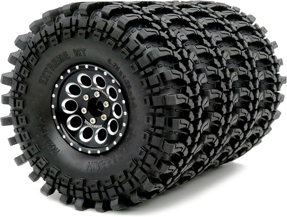 HOBBYSOUL 1.9 Tires Height 4.75" (121mm) Mounted on 1.9 Beadlock Wheels Black Fit 1/10 Crawler Redcat Gen8 Traxxas TRX-4 Tamiay CC01 Axial SCX10 Mud Crawler Badland Terrain, (4-Pack, Assembled)