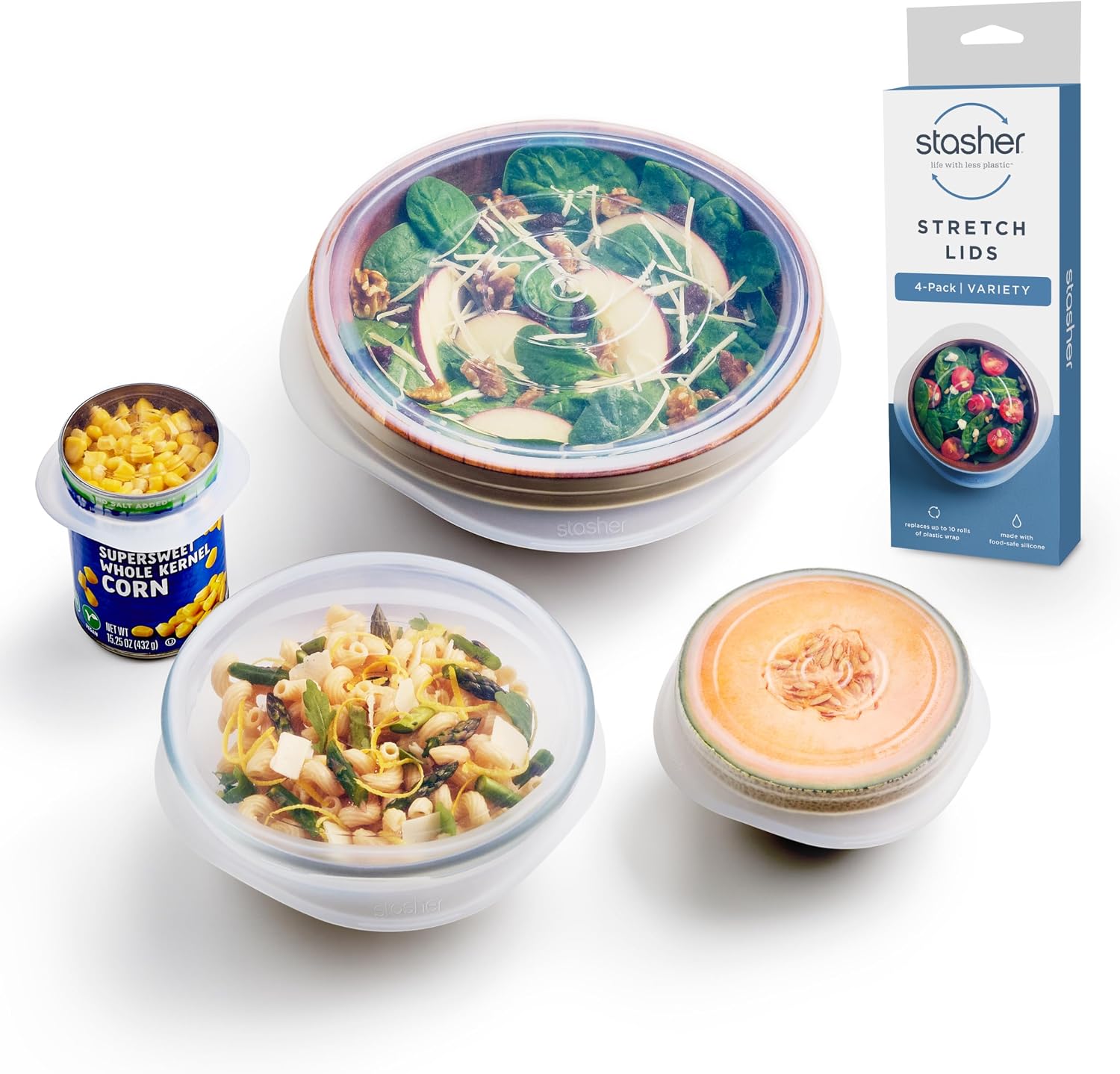 Stasher Premium Reusable Silicon Stretch Lids Variety 4-Pack, Clear, 9”, 6.5”, 4.5”, 2.5” | Airtight Seal | Food Container Covers | BPA Free, Leak-free, Dishwasher Safe, Microwave Safe, Eco-Friendly