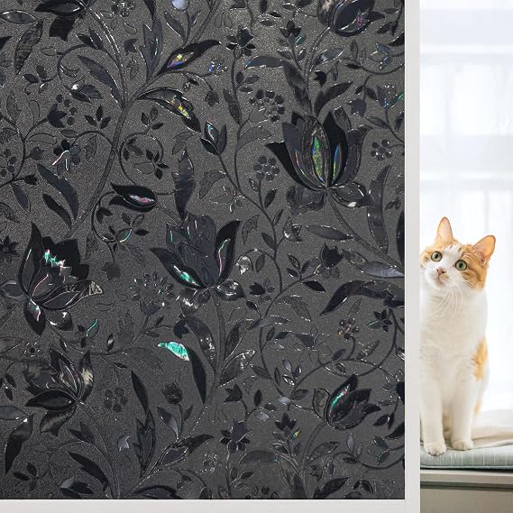 Blackout Window Film, 100% Sun Light Blocking Removable Privacy Window Cover, Stained Glass Windows Tint for Home, Static Cling Room Darkening Windows Stickers (Black Tulip, 17.5" x 78.7")
