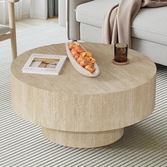 Round Travertine Texture Coffee Table, Circle Rustic Farmhouse Style Coffee Tables Wooden Cocktail Table Small Circle Center Tables for Living Room, Easy Assembly,Round