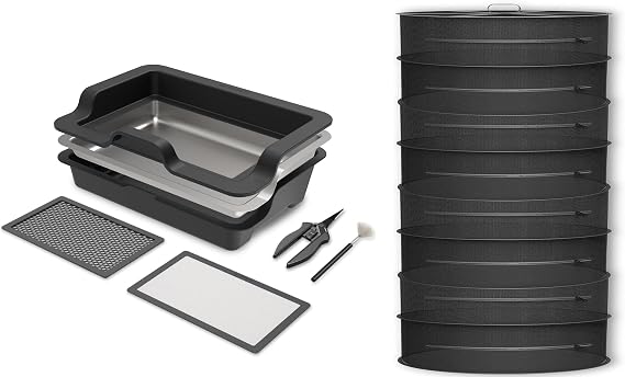 AC Infinity Trim Tray System & 8-Layer Drying Rack Bundle 20" Ergonomic 3-Tray Kit with Interchangeable Screens + 24" Hanging Mesh Net for Efficient Plant Trimming, Pollen Collection & Drying