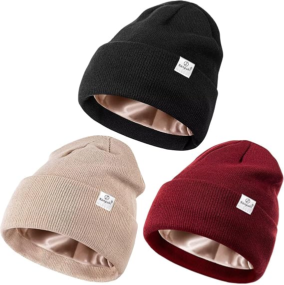 3 Pack Satin Lined Winter Beanie Hats for Women Men,Silk Lined Beanie Knit Soft Warm Cuffed Hat