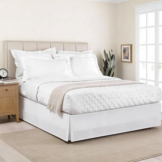 Luxury Hotel Tailored Bed Skirt, Box Pleats, 14 Inch Drop, Queen, White