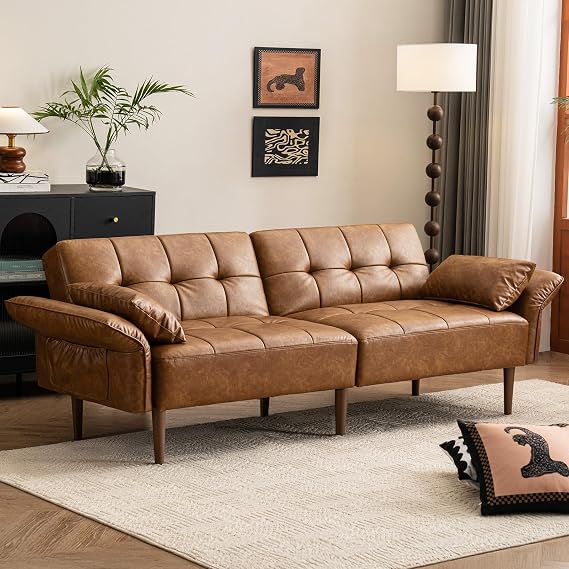 HALLYBEE 85" Futon Faux Leather Couch with Adjustable Armrests Brown