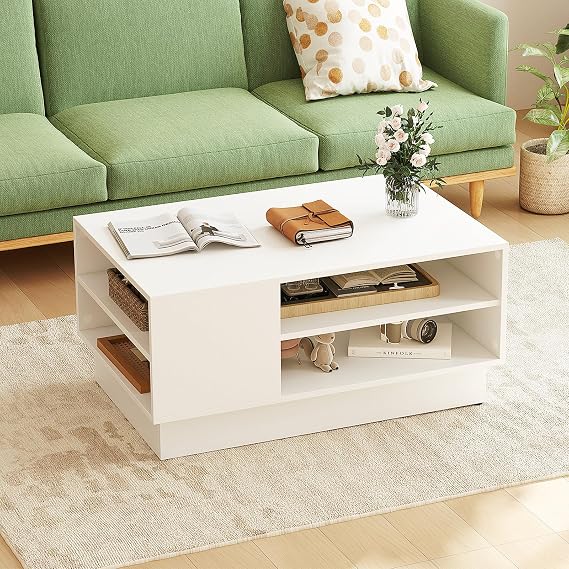 GIANTEX Coffee Table with Storage, 2-Tier Centet Table, White | Rectangle Accent Table with Shelf & Elevated Base, Modern Geometric Coffee Table for Living Room