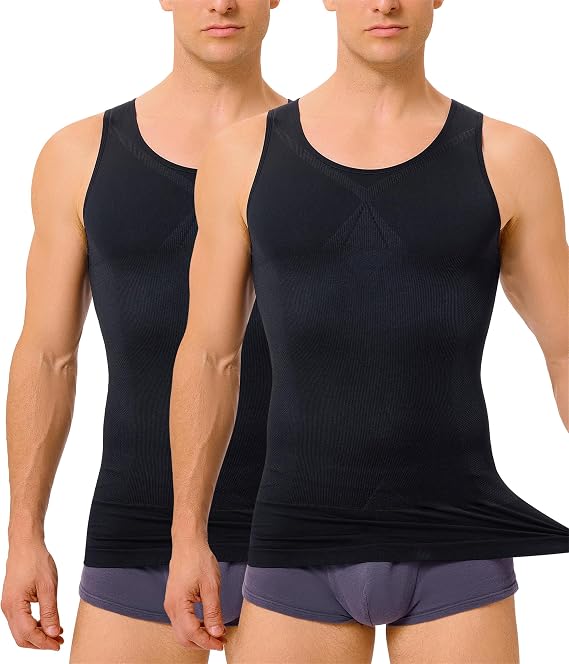 TAILONG 2 Pack Compression Shirt Men Body Shaper Slimming Shirt Tank Top Shapewear Tummy Control Vest