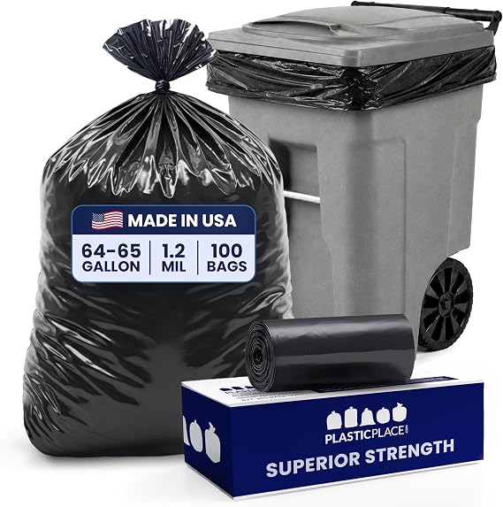 Plasticplace 64-65 Gallon Trash Can Liners for Toter 1.2 Mil Black Heavy Duty Garbage Bags Rolls 50 x 60 (100 Count)