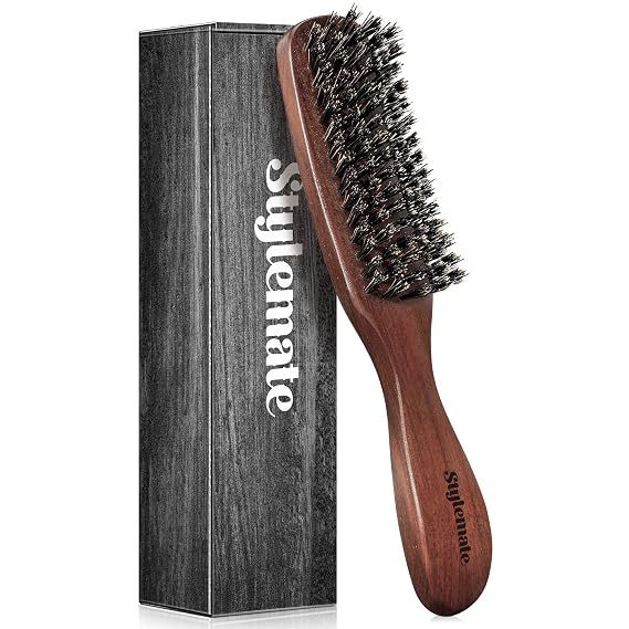 STYLEMATE Boar Bristle Hair Brush for Men, Mens Hair Brush Stiff Bristles Black Walnut Wood for Thick & Fine Hair, Beard Brush with Handle