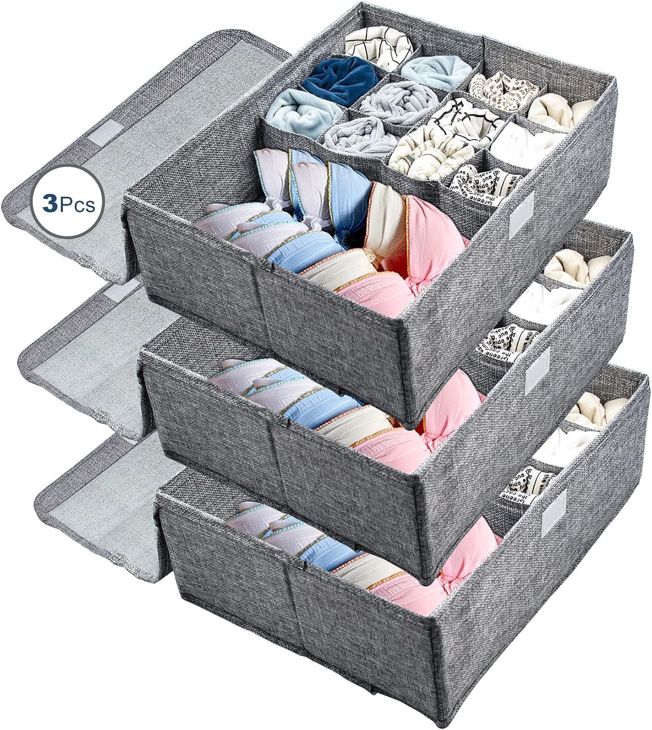 3Pcs Closet Underwear Organizer Storage Box with Lid, Collapsible Dustproof Linen Cabinet Drawer Dividers Organizers, Washable Storage Boxes for Clothes Socks Lingerie Ties Scarves A