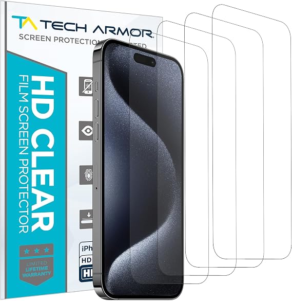 Tech Armor Screen Protector for iPhone 15 Pro, HD PET Film, 4-Pack | Flexible Plastic Build, Crystal-clear display, Scratch-resistant coating, Case-friendly, Bubble-free apply, Touch-sensitive