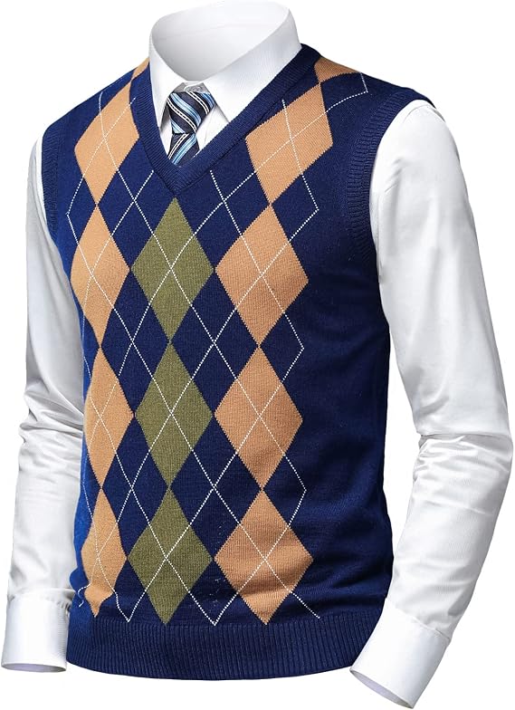 Men's Business Sleeveless Sweater Vest Slim Fit Wool Knitted Gilets Jumper Gentleman Argyle V-Neck Pullover Tank Top for Autumn Winter