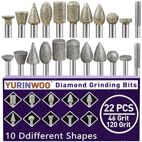Diamond Grinding Bit Set 22Pcs, 46 Grit &120 Grit Stone Carving Set Compatible with Dremel, Diamond Burr Bits Rotary Tool Accessories 3mm Shank for Stone Glass and Ceramic Carving, Grinding, Polishing