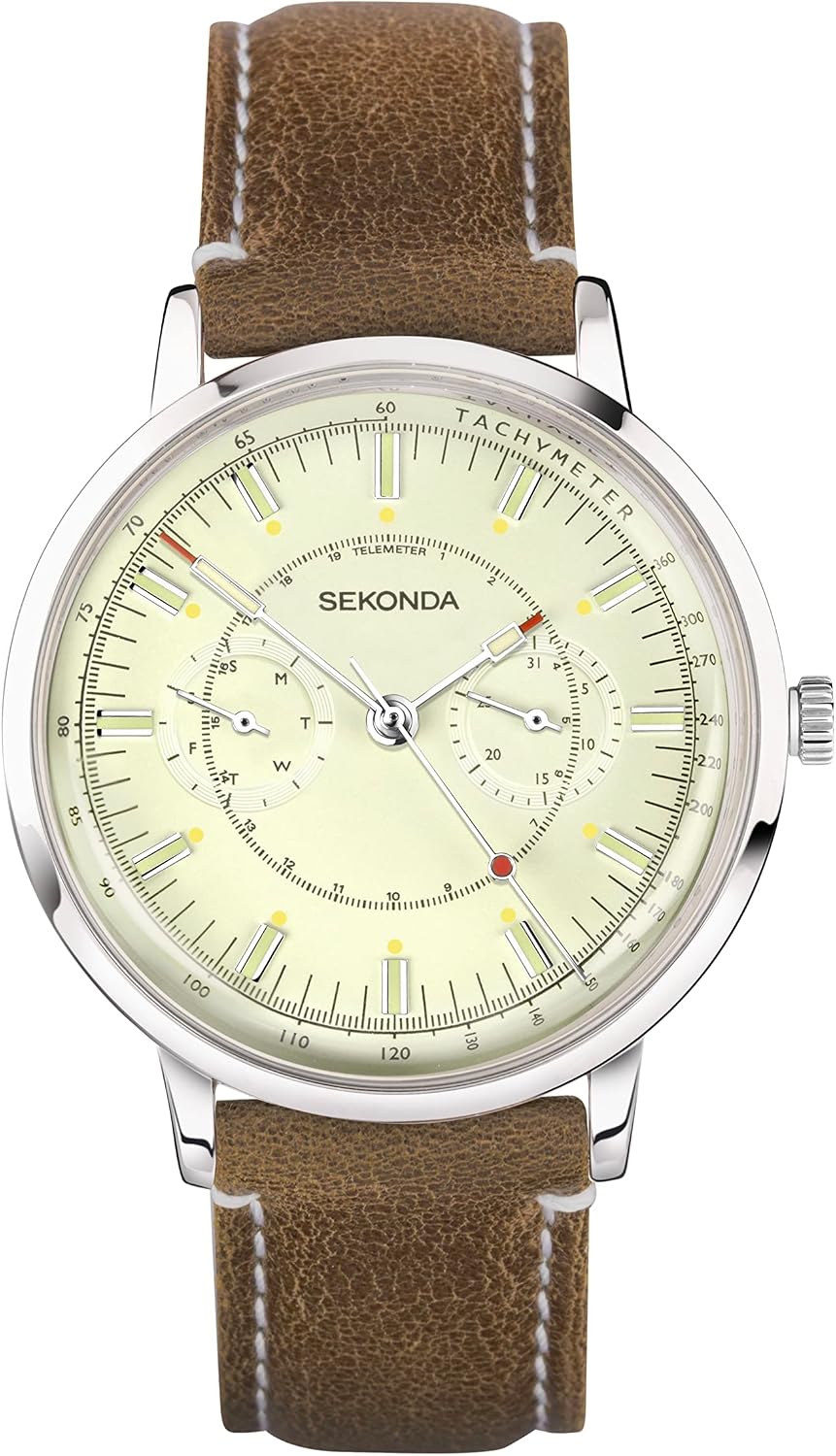 Sekonda 1978 Mens 38mm Quartz Watch with Analogue DayDate Display, and Leather Strap