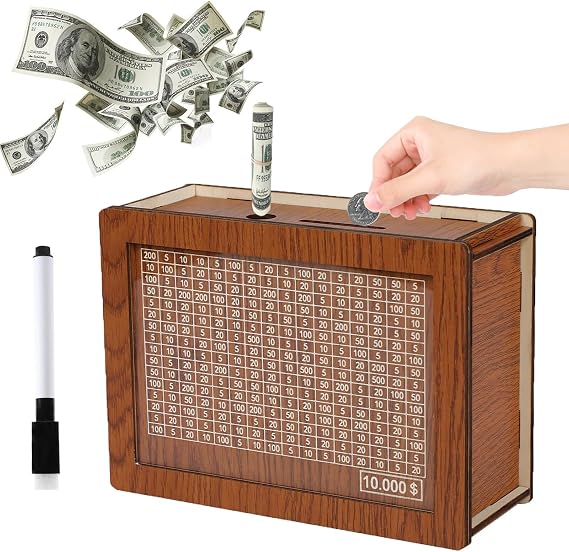 Cash Vault Wooden Box,Money Slot Lock,Savings Tracker