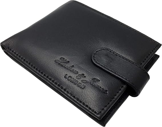 Hudson & James Designer London Real Leather Mens Wallet Credit Carder Holder Bifold Purse with Gift Box (Black - Style 2)