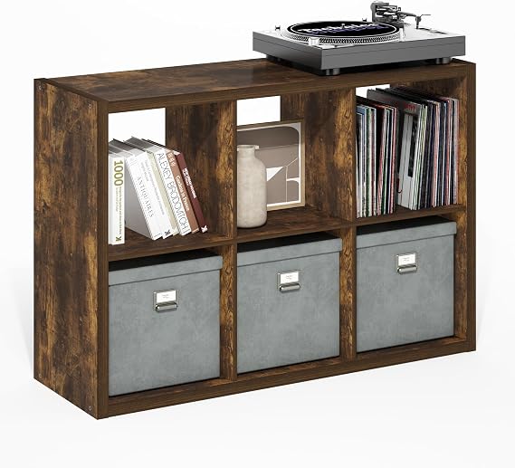 Furinno Cubicle 6-Cube Book Shelf, Extra Thick Frame Bookshelf, Amber Pine