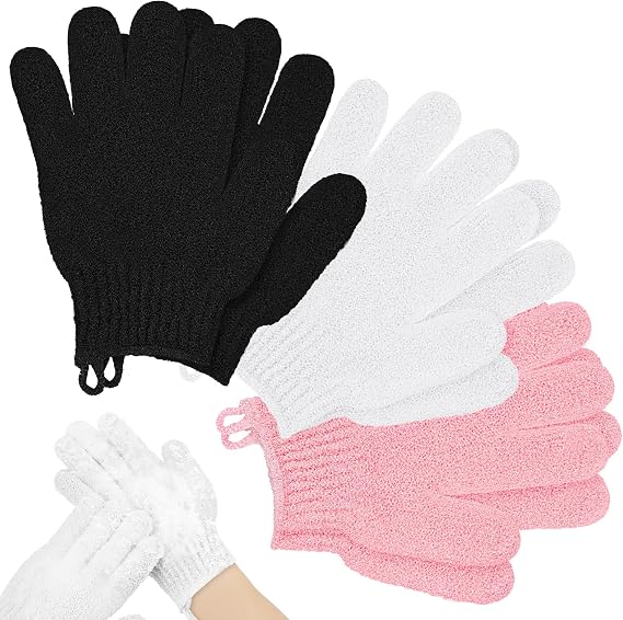 6 Pcs Exfoliating Gloves, Bath and Body Exfoliator Mitts for Women & Men, Shower Body Scrub Gloves for Shower, Spa, Massage, Dead Skin Remover(Black + White + Pink)