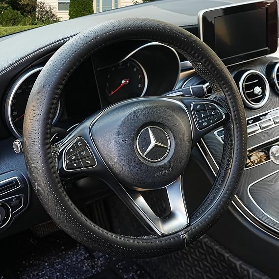 Black Genuine Leather Car Steering Wheel Cover,Universal 15 inch(M) | For Men Women,Cowhide Wheel Cover,Soft,Breathable,Anti-Slip,Luxury Steering Wheel Cover,Universal Standard Size 14.5-15 inch