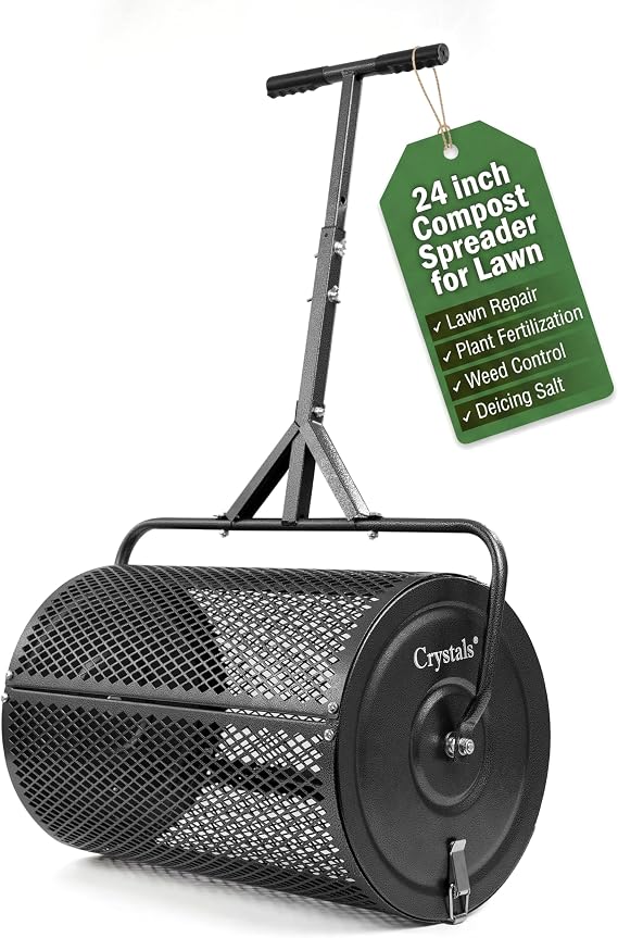 Crystals 24" Compost Spreader Roller – 70L Lawn Garden Spreader, Heavy Duty Steel Mesh Drum for Top Soil, Sand, Manure & Fertiliser, Compost Spreader for Lawn & Soil Spreader Tool