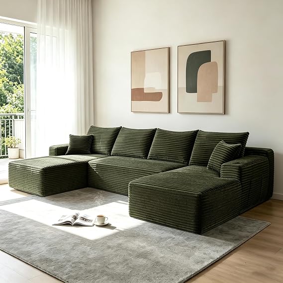 134" U-Shaped Compressed Foam Sofa, Vacuum Packed Boneless Cloud Couch, Modular Boneless Symmetrical Sectional Sofa W/2 Chaises, Cupholders for Living Room, No Assembly