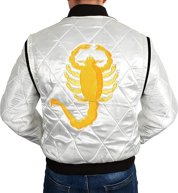 Prime-Fashion Men's Bomber Satin Fabric Quilted Golden Embroidery of Scorpio Jacket
